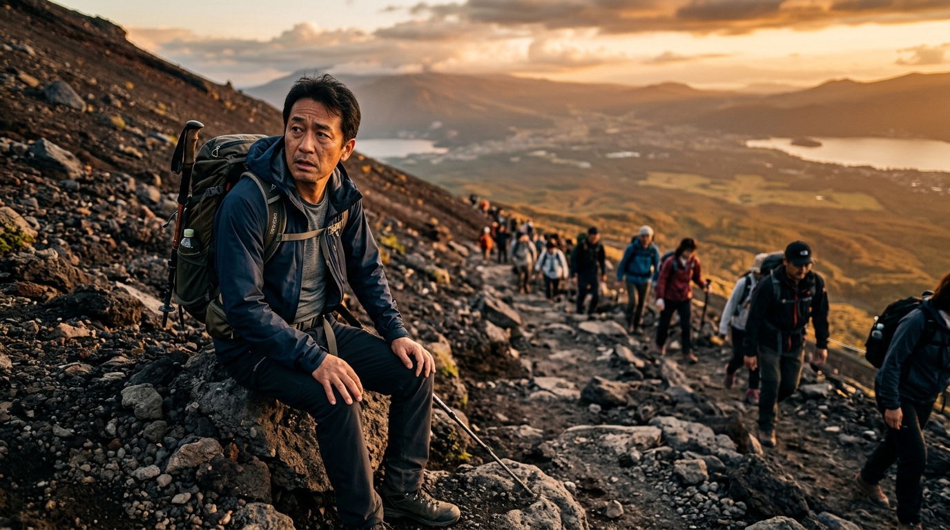 Randonneur inquiet sur un sentier du mont Fuji