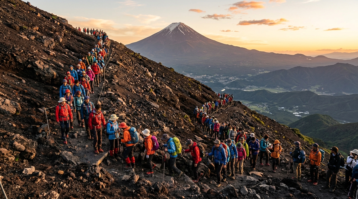 Foule de randonneurs gravissant le mont Fuji en été