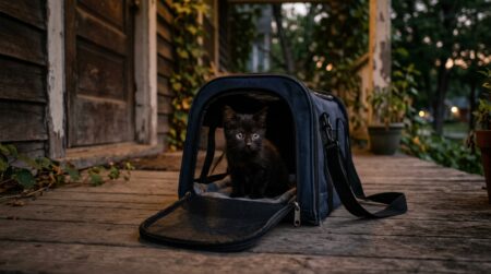 Chaton noir seul dans une caisse de transport