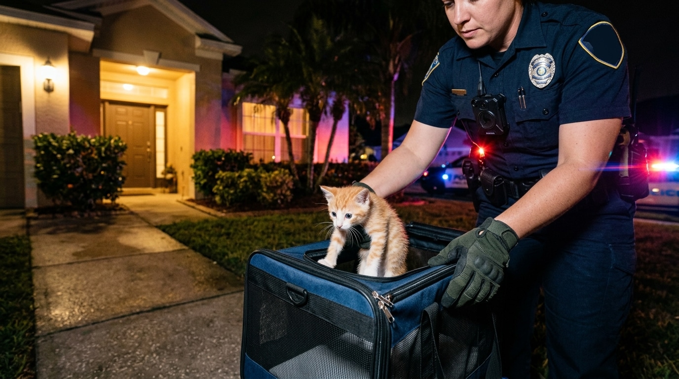 Mains posant un chaton dans une caisse, lumières policières
