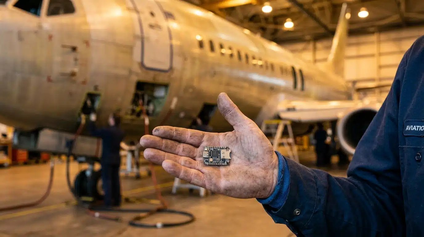 Petit boîtier de piratage posé dans une main près d'un avion