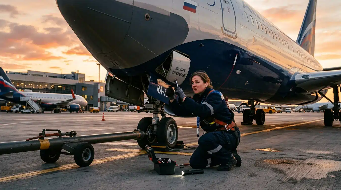 Technicien ouvrant la trappe sous le nez d'un Boeing 737
