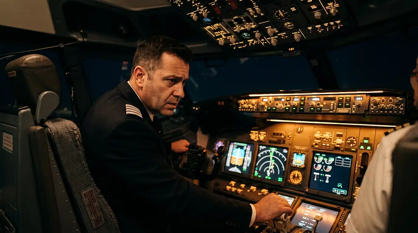 Pilote inquiet face aux écrans de bord dans le cockpit