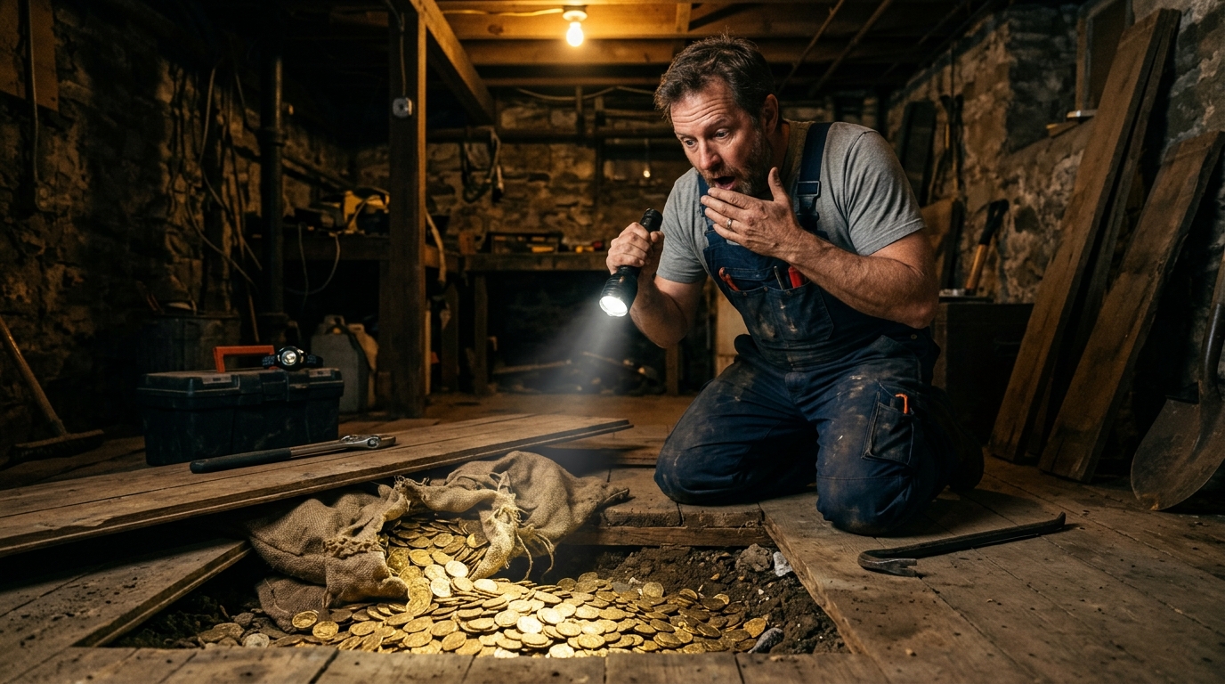 Plombier découvrant des pièces d'or sous un plancher
