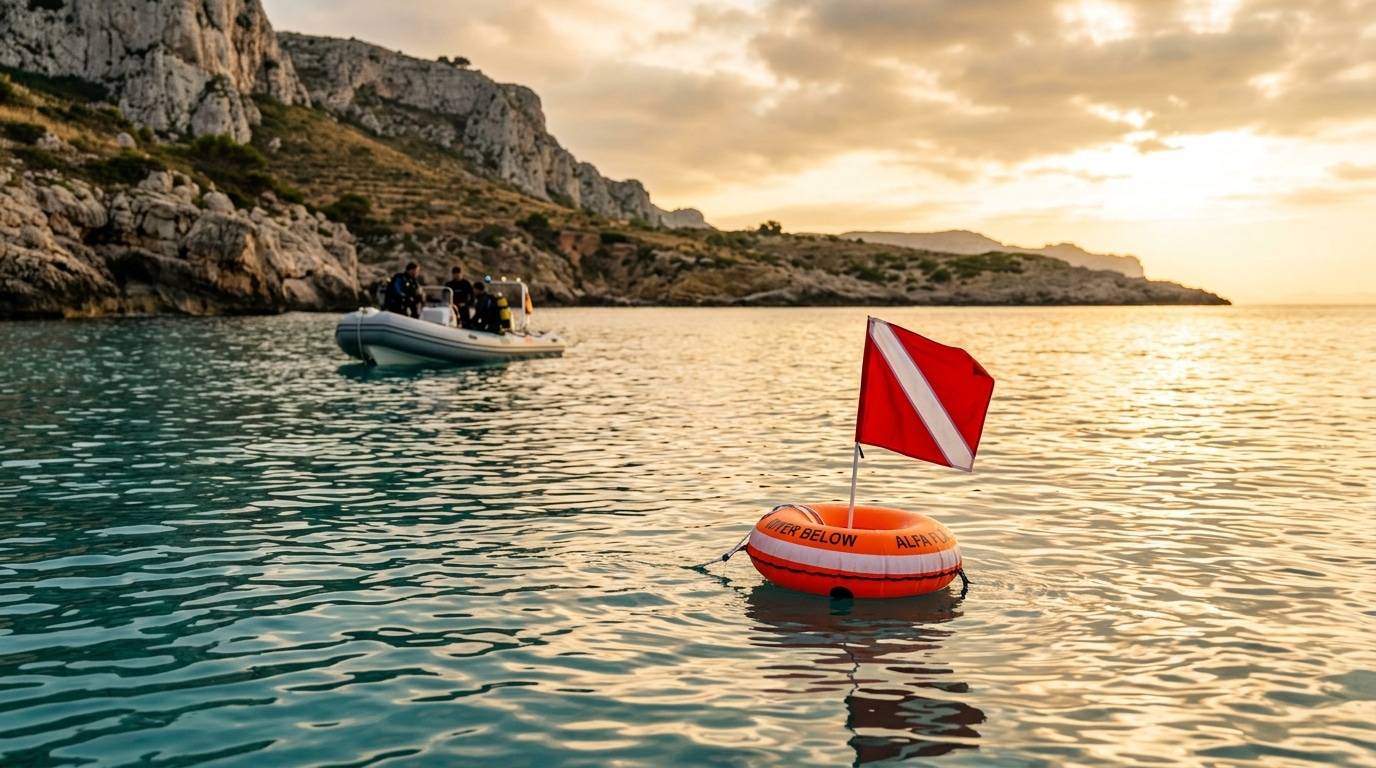 Bouée de plongée flottant près d'un canot pneumatique en mer