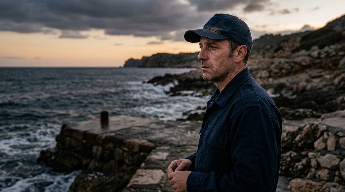Homme au visage grave regardant la mer depuis un quai