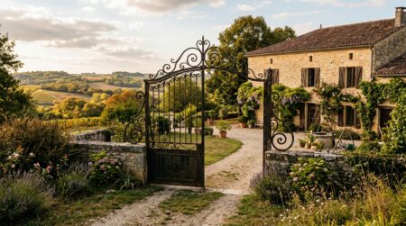 Portail en fer forgé devant une maison de campagne dans le Gers