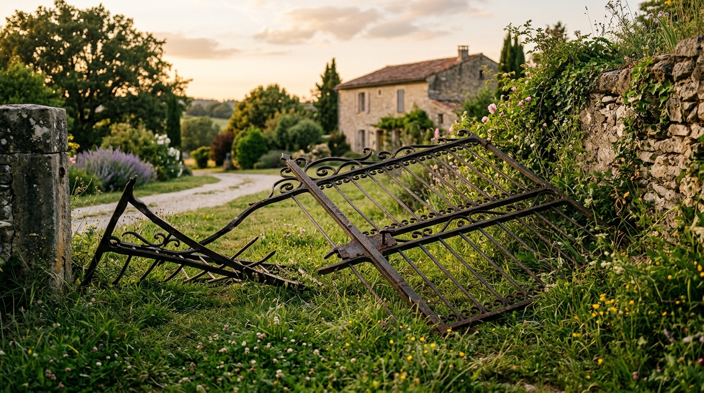 Portail en fer tombé au sol dans un jardin de campagne