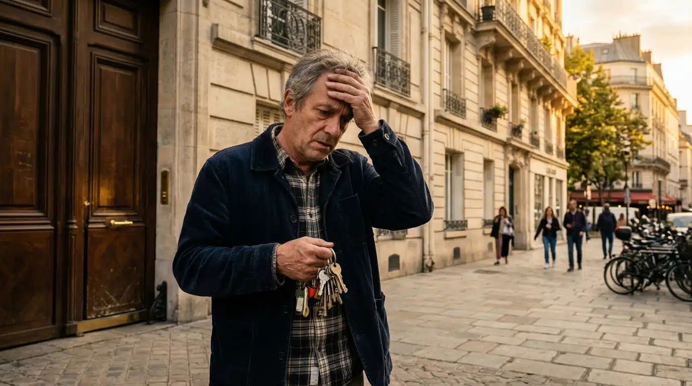 Propriétaire inquiet devant son immeuble avec des clés