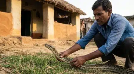 Python géant capturé à mains nues près d'une maison