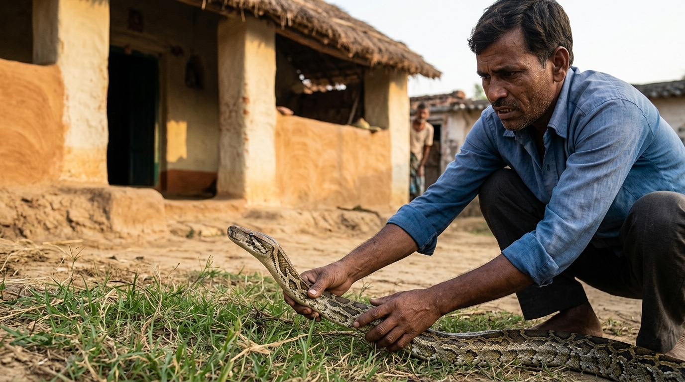 Python géant capturé à mains nues près d'une maison