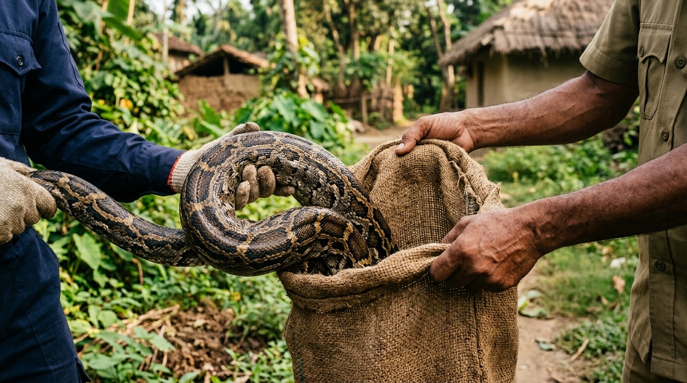 Python placé dans un sac avant d'être relâché