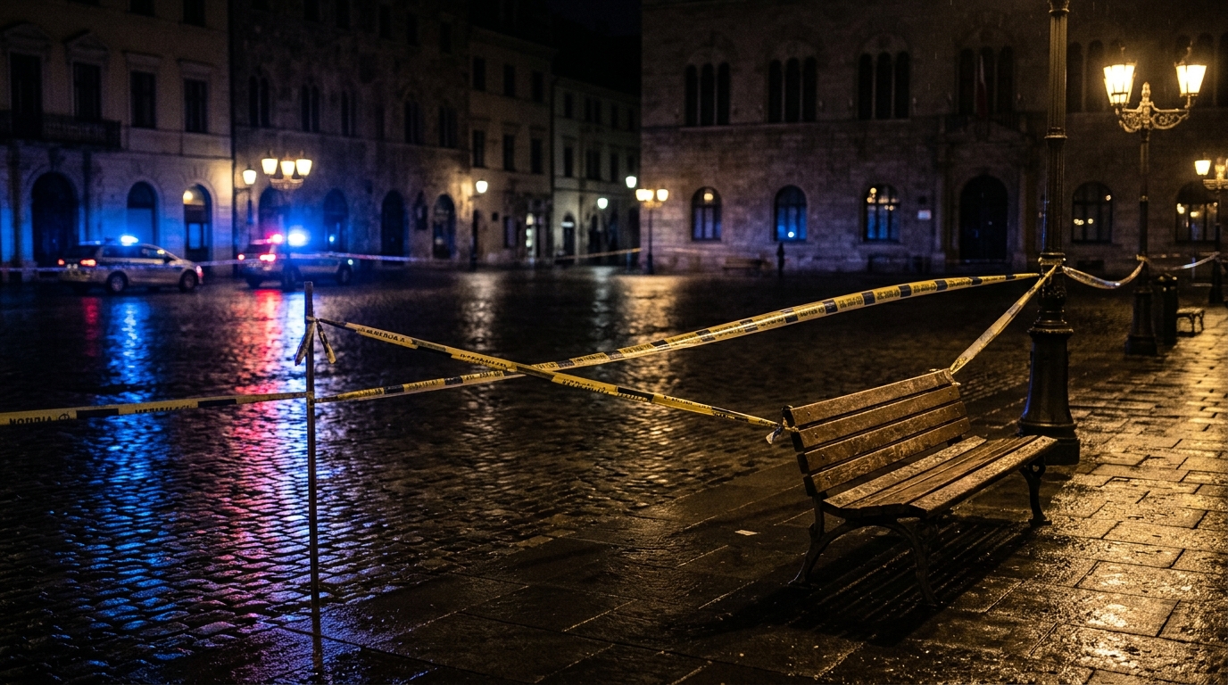 Square la nuit avec banc et bande policière à Alençon