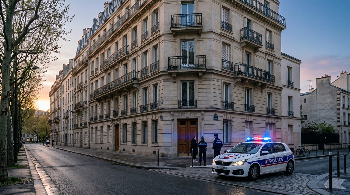 Immeuble et véhicule de police au petit matin à Alençon