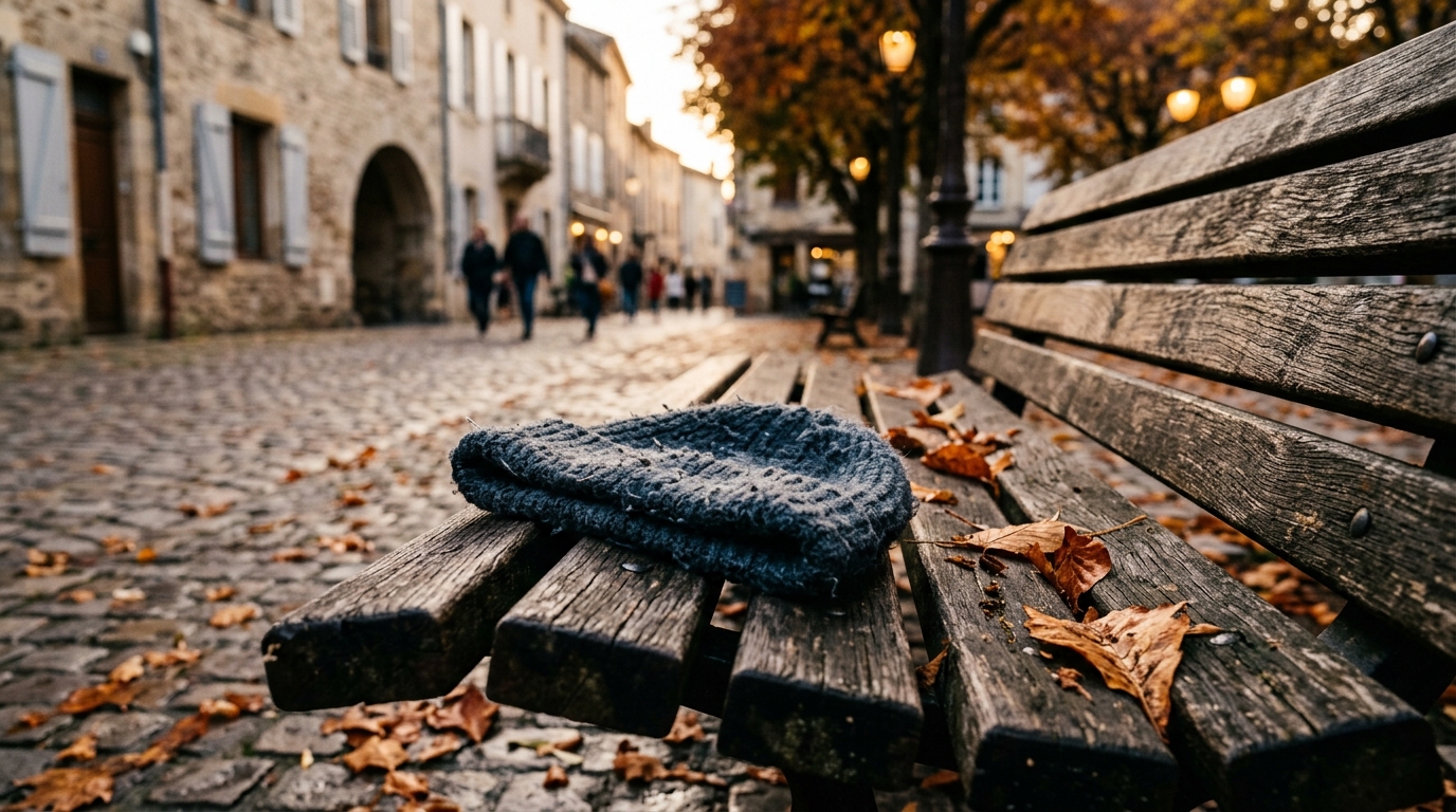 Bonnet posé sur un banc public vide en ville