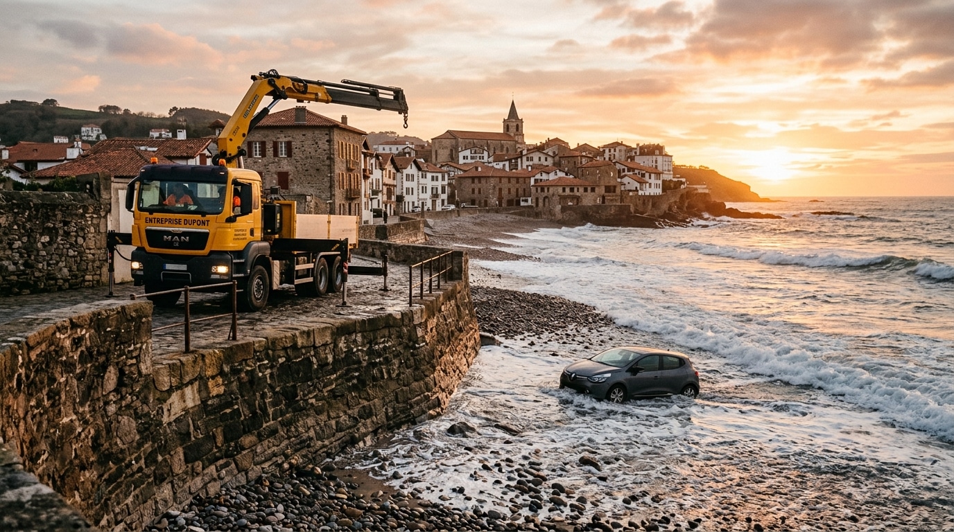 Grue préparant le relevage de la voiture avant la marée