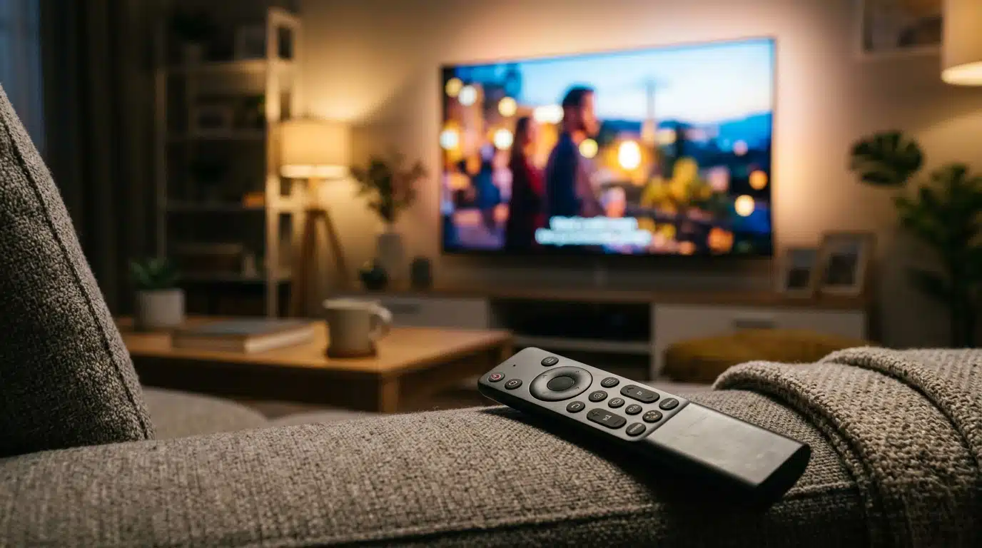 Télécommande posée devant un écran de télévision allumé