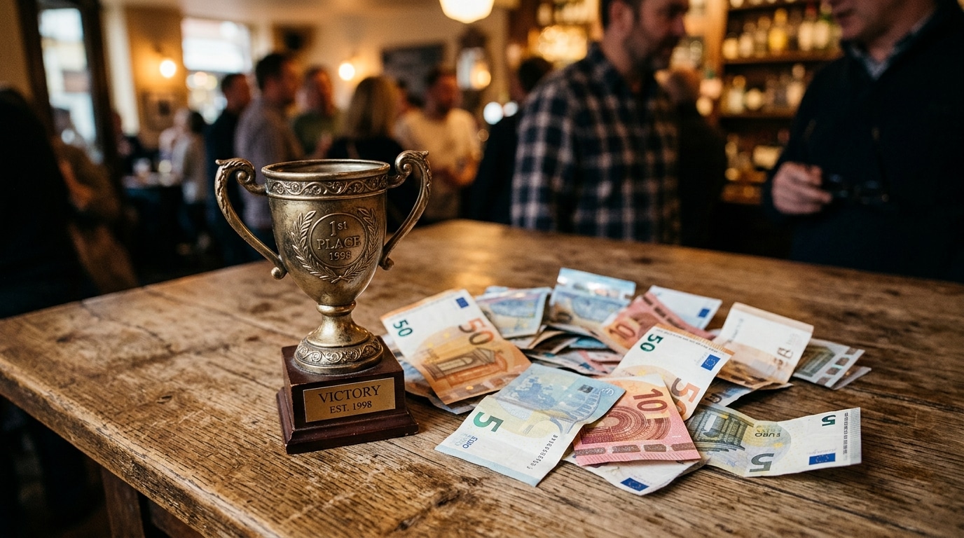 Trophée ouvert et vide à côté de billets éparpillés