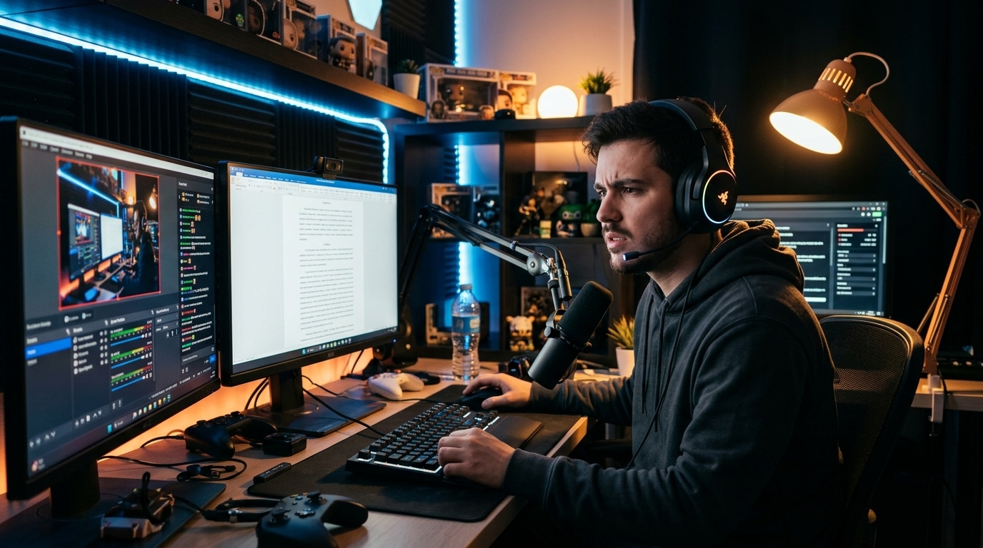 Streamer inquiet devant ses écrans la nuit