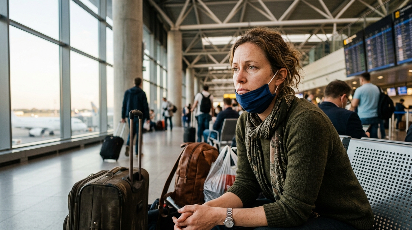 Voyageur fatigué et inquiet dans un aéroport européen