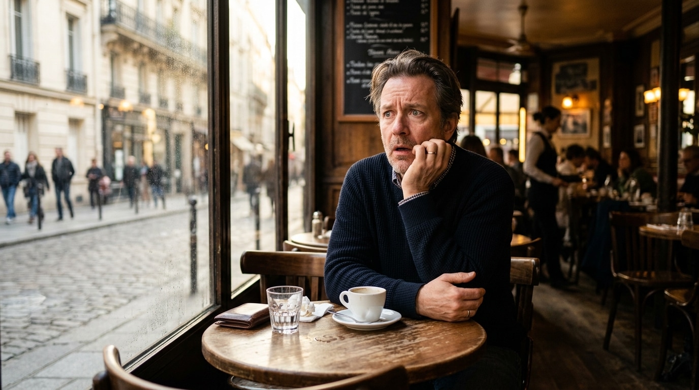 Homme inquiet assis seul dans un café parisien