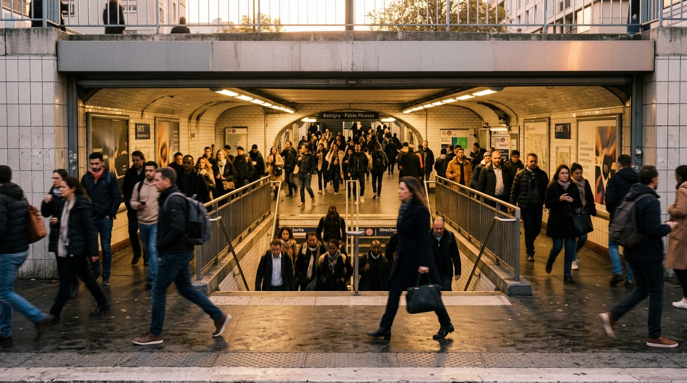 Entrée de station de métro à Bobigny en heure de pointe