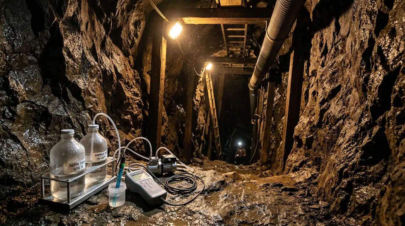 Tunnel de mine profonde avec matériel de prélèvement scientifique