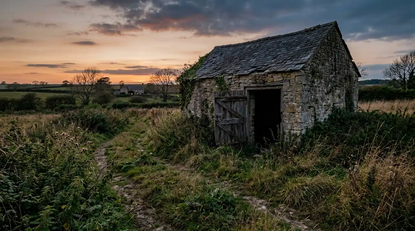 Dépendance abandonnée d'une ferme où les chiens ont été retrouvés