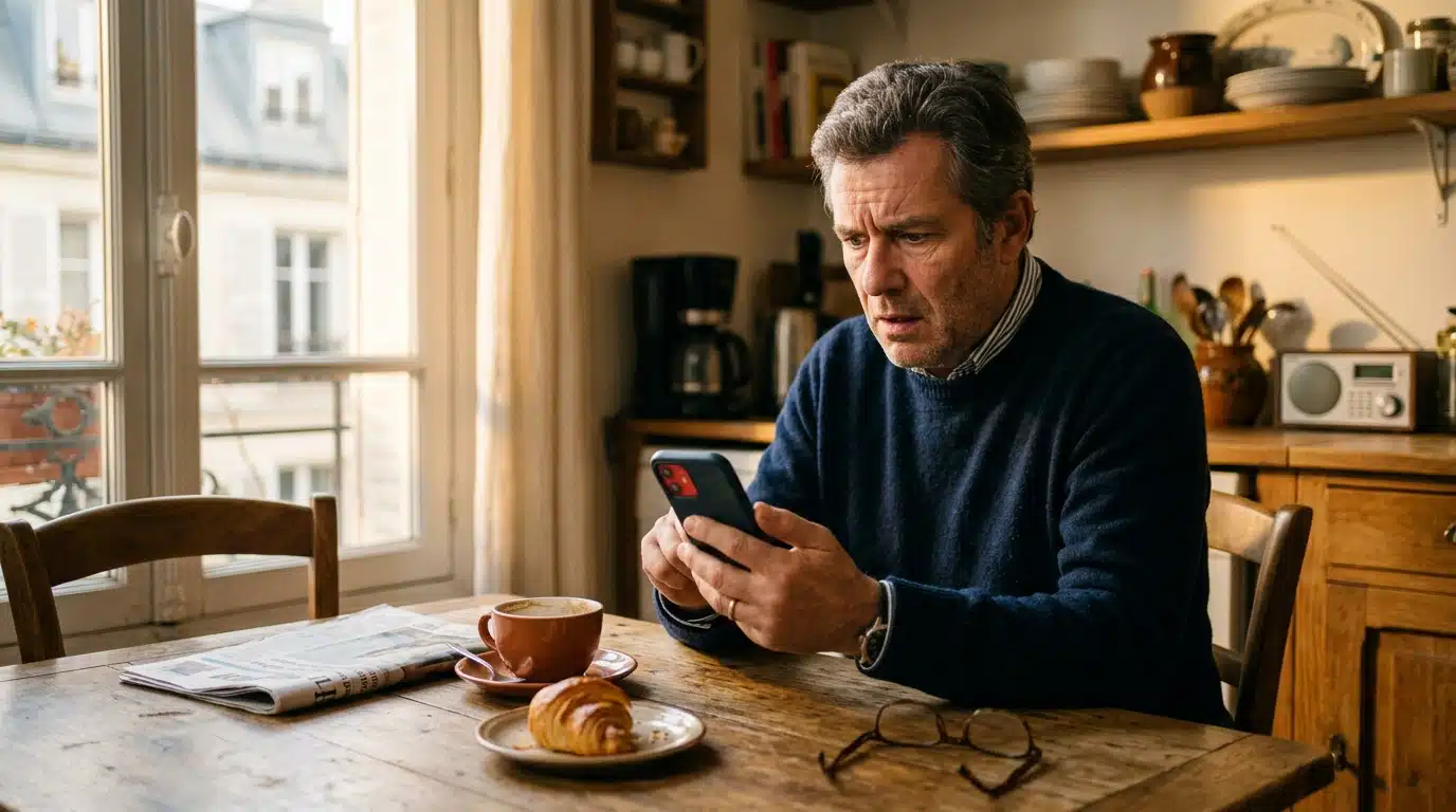 Homme surpris consultant un virement DGFiP sur son téléphone