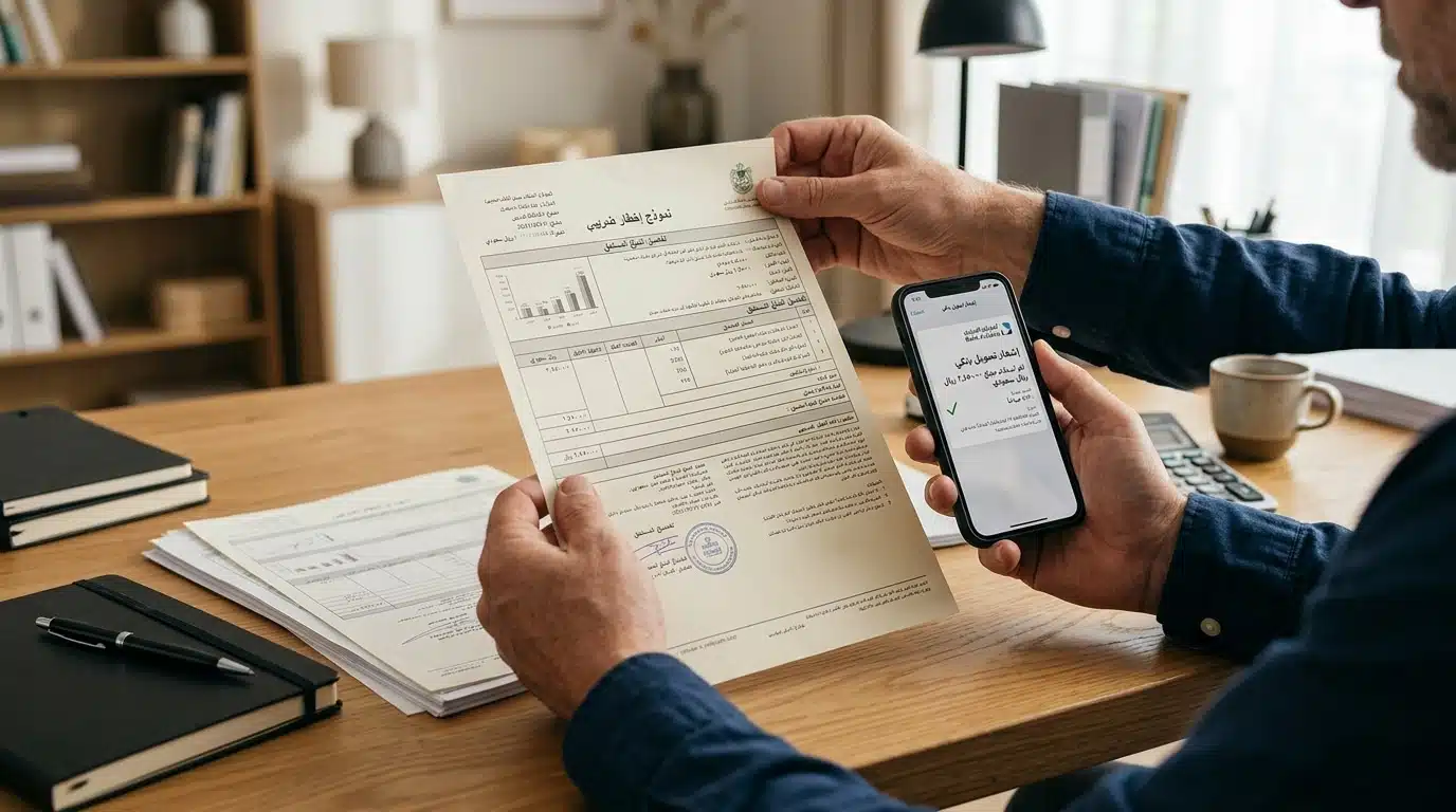 Document fiscal et notification de virement bancaire sur téléphone