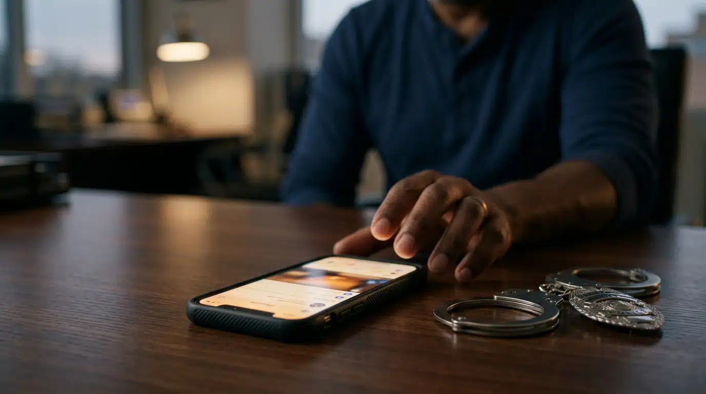 Smartphone et badge de police sur un bureau