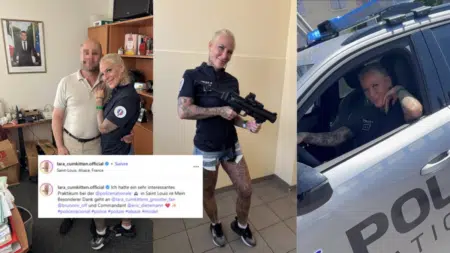 Une actrice porno prend la pose en pleine action devant le portrait de Macron dans un commissariat