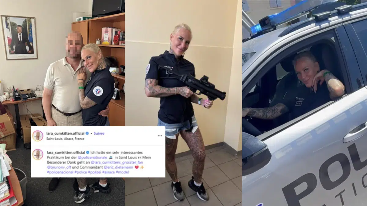 Une actrice porno prend la pose en pleine action devant le portrait de Macron dans un commissariat
