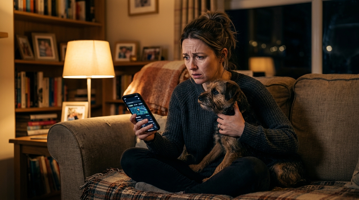 Femme inquiète consultant une appli vétérinaire avec son chien