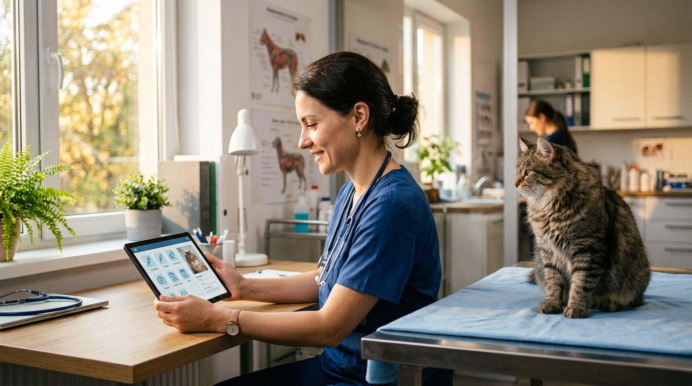 Vétérinaire consultant le carnet de santé numérique d'un animal