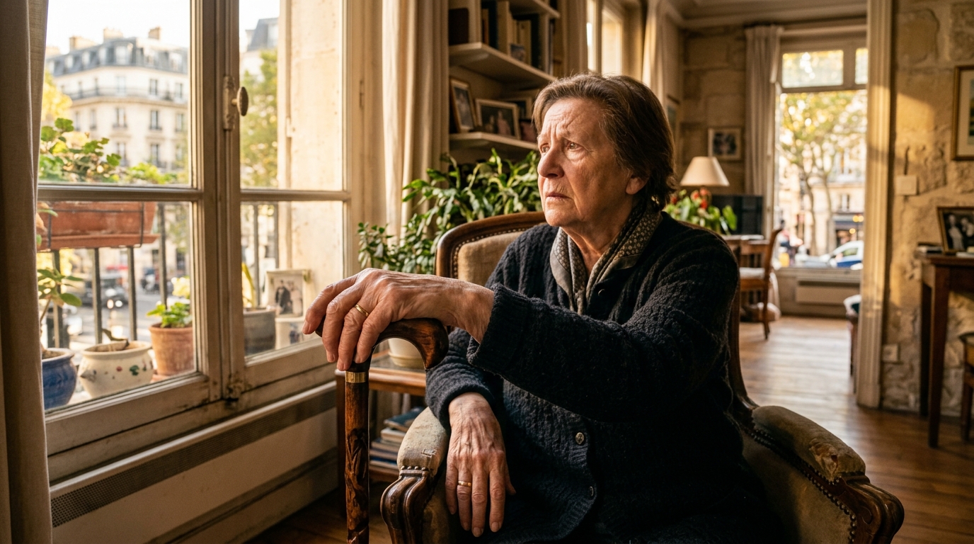 Personne âgée isolée chez elle avec une canne