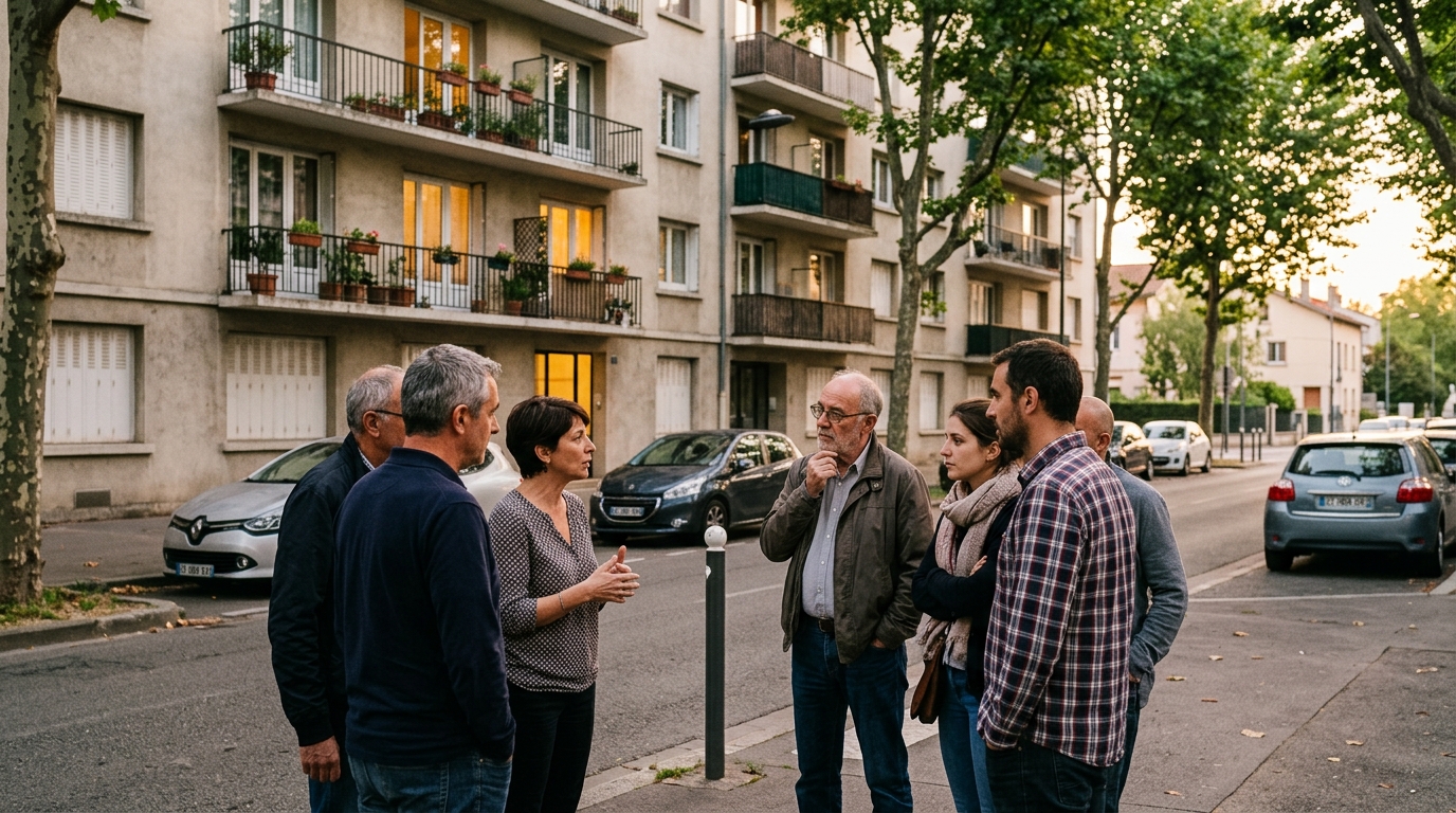 Voisins rassemblés devant un immeuble à Villeurbanne