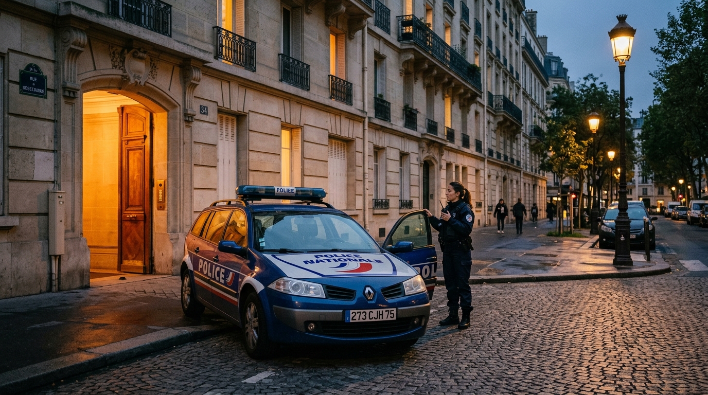 Voiture de police devant un immeuble résidentiel le soir