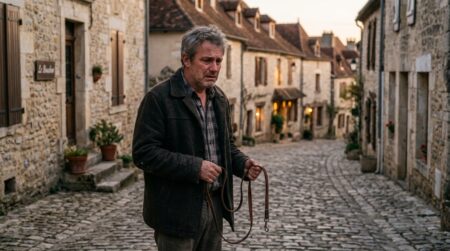 Homme bouleversé tenant une laisse vide dans un village