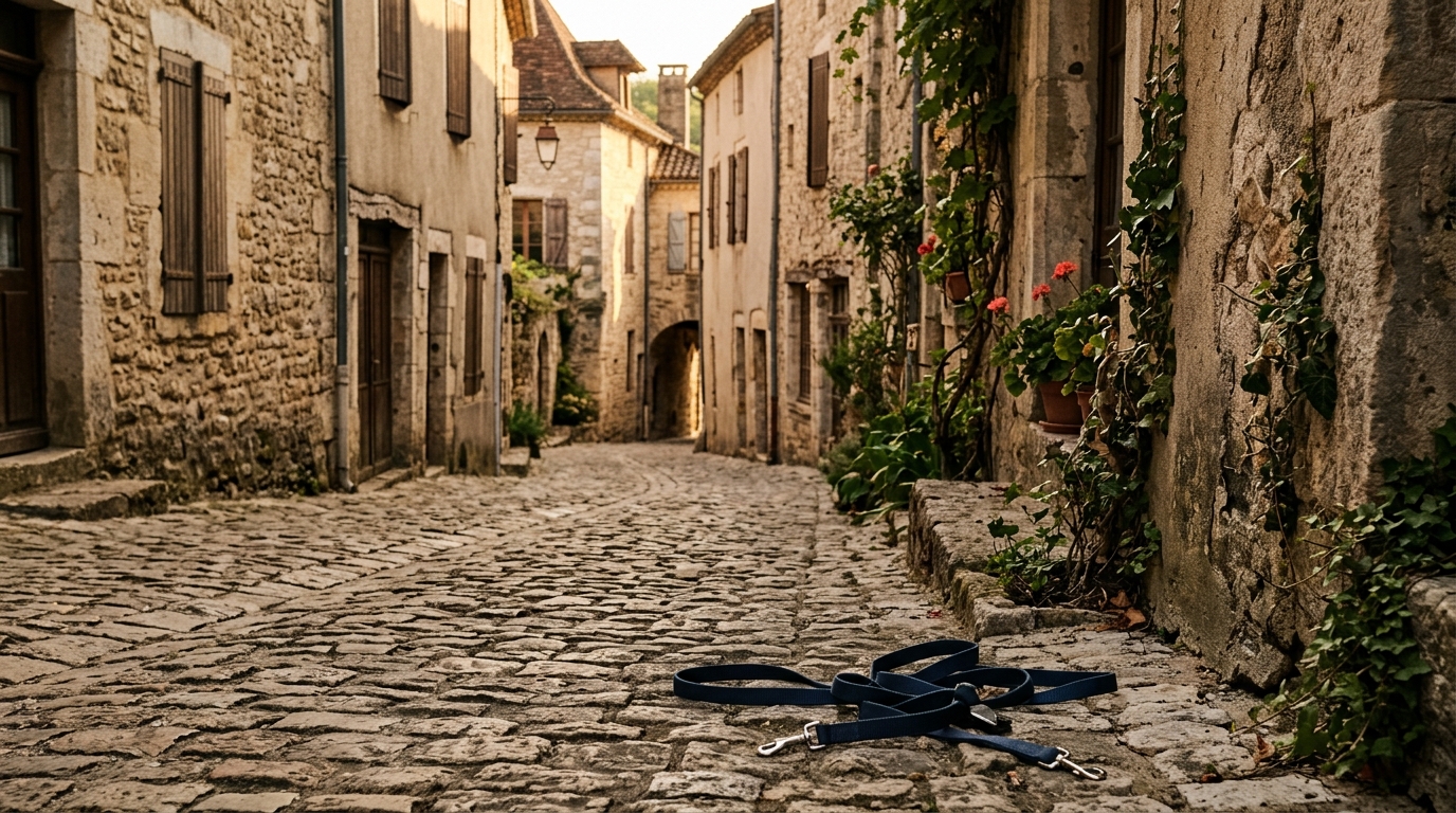 Laisse abandonnée sur une rue pavée déserte au crépuscule