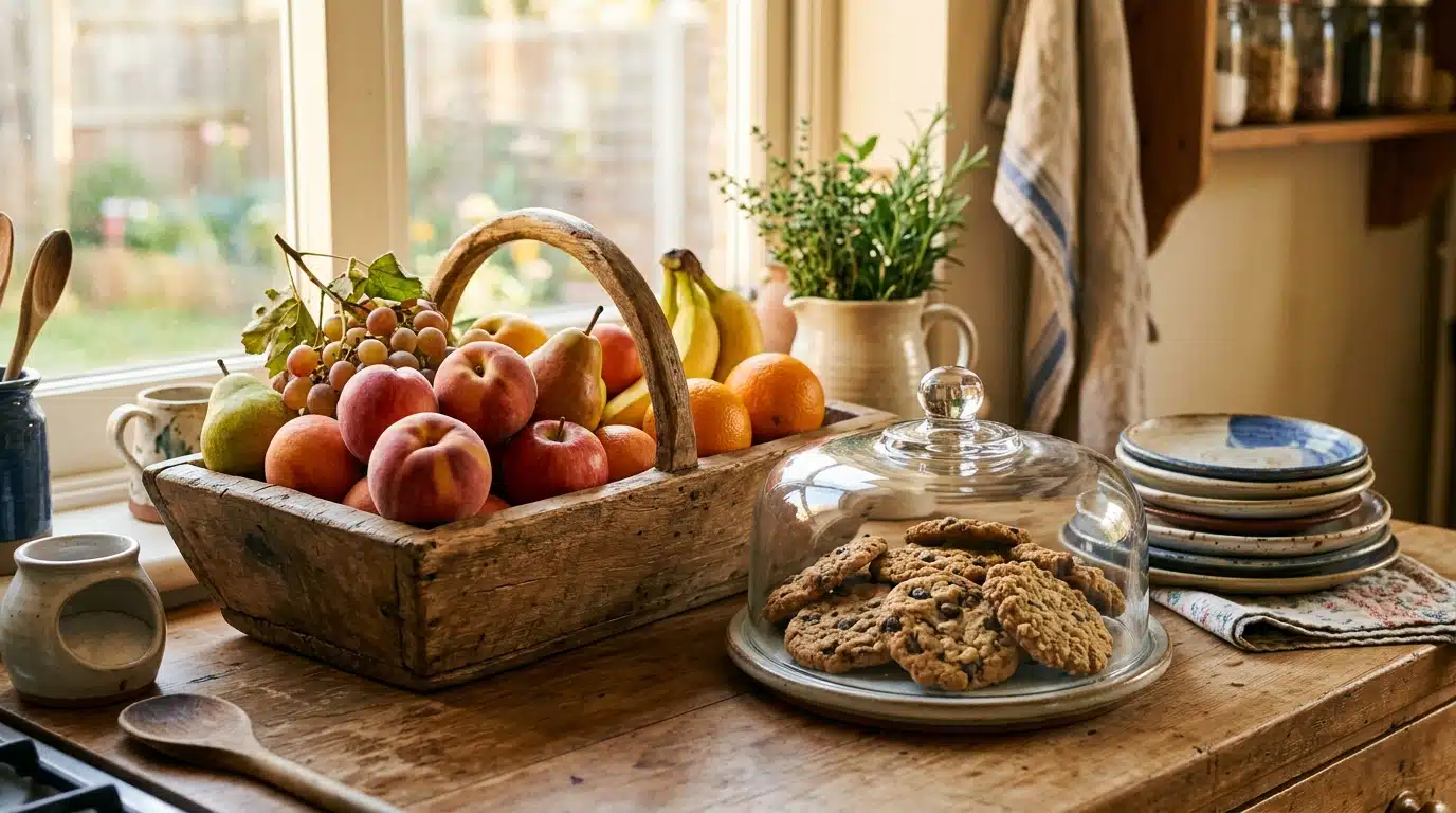 Panier de fruits et biscuits sous cloche en verre