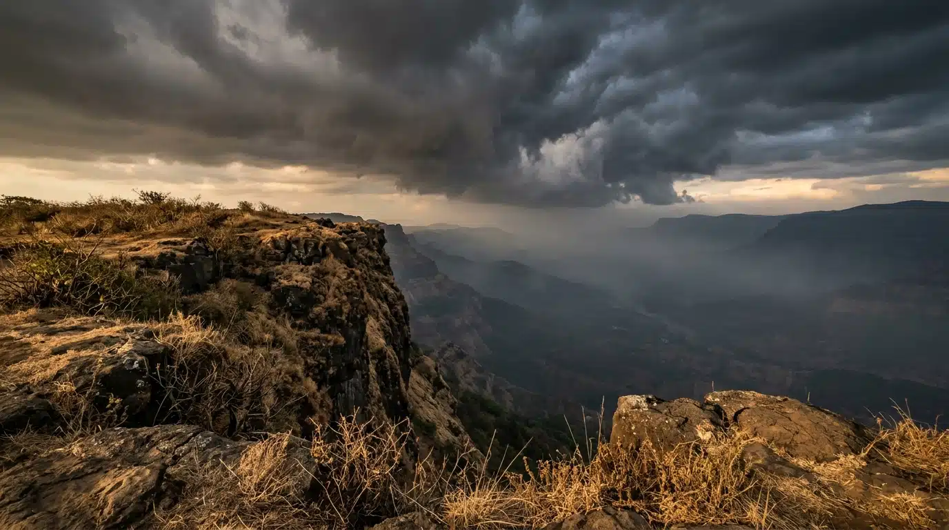 Falaise rocheuse indienne au coucher du soleil, ciel orageux