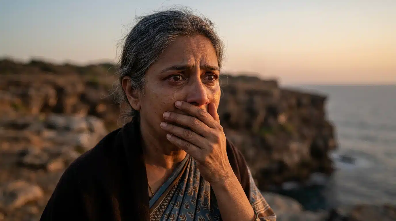 Femme indienne sous le choc face à une falaise