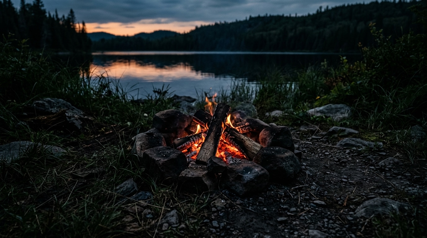 Feu de camp au bord d'un lac à la tombée de la nuit
