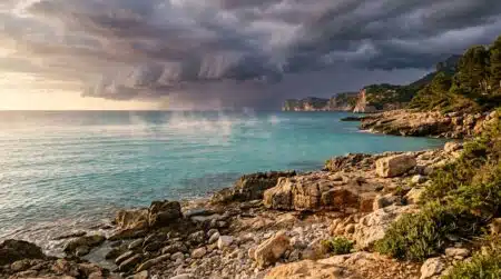 Mer Méditerranée calme avec brume de chaleur et nuages menaçants
