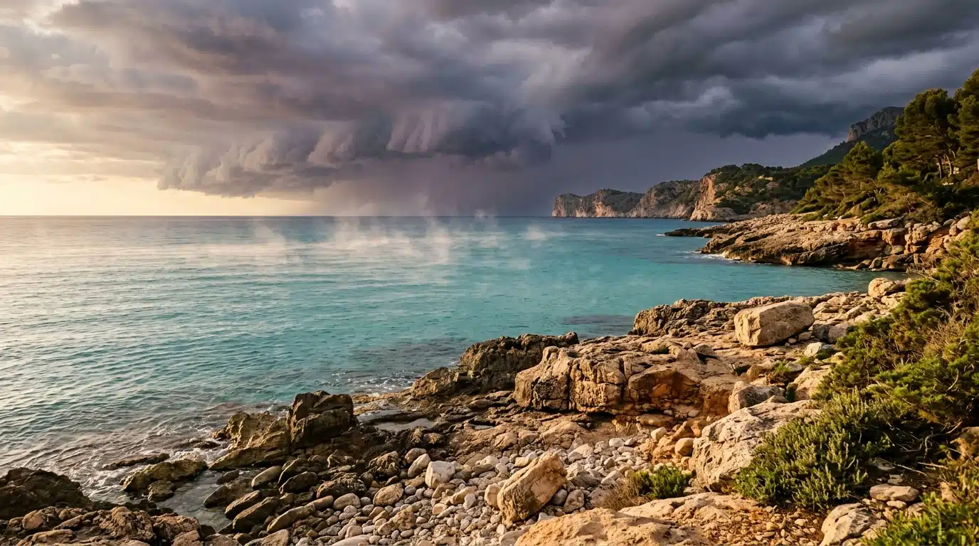 Mer Méditerranée calme avec brume de chaleur et nuages menaçants