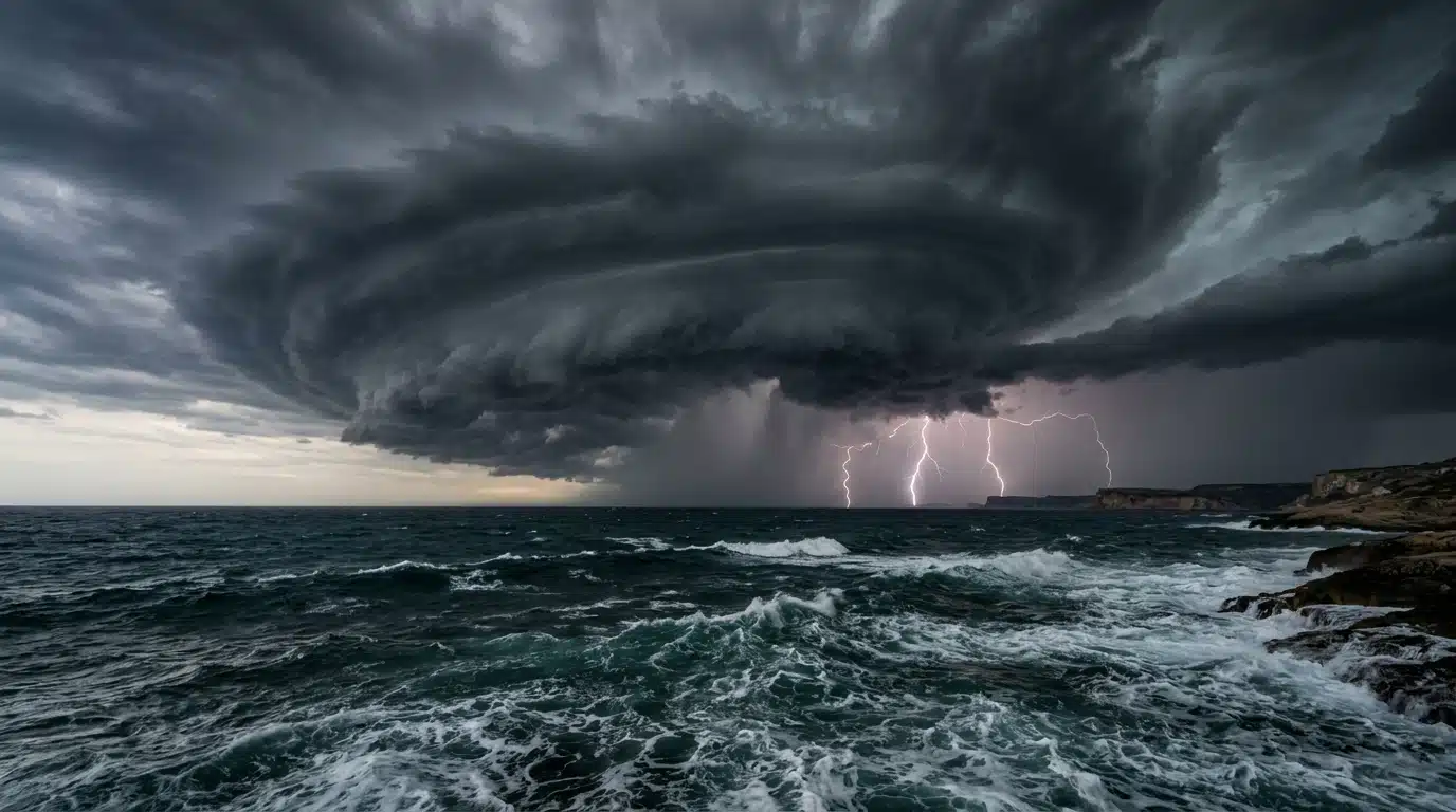 Nuages tourbillonnants sombres formant une tempête au-dessus de la mer