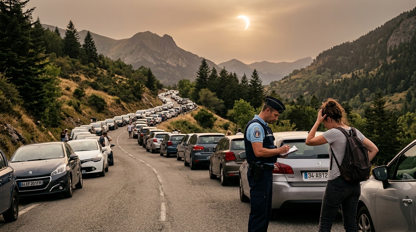 Voitures garées en épi sur route de montagne bondée