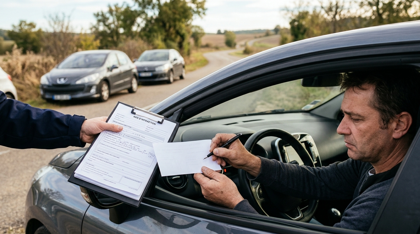 Gendarme remettant un procès-verbal près d'un véhicule