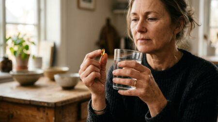 Femme tenant une gélule d'oméga-3 et un verre d'eau